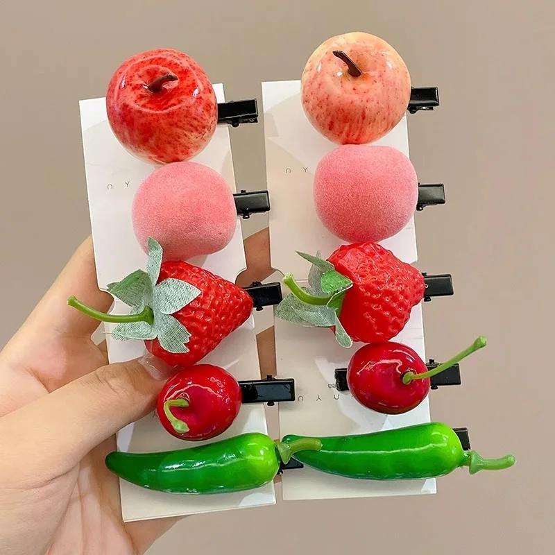 30pcs Funny Cute Simulation Fruit Hair Clip Creative Hair Wear Peach Chili Cherry Strawberry Mango